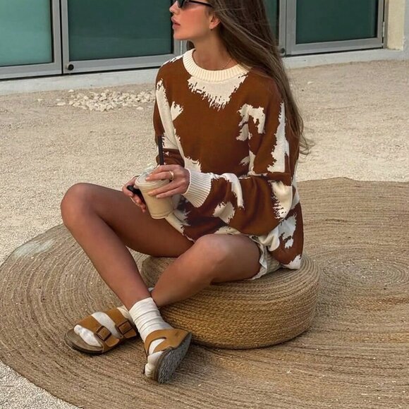 Multicolor Casual Women's Cow Print Western Cowboy Round Neck sweater top - Picture 7 of 9